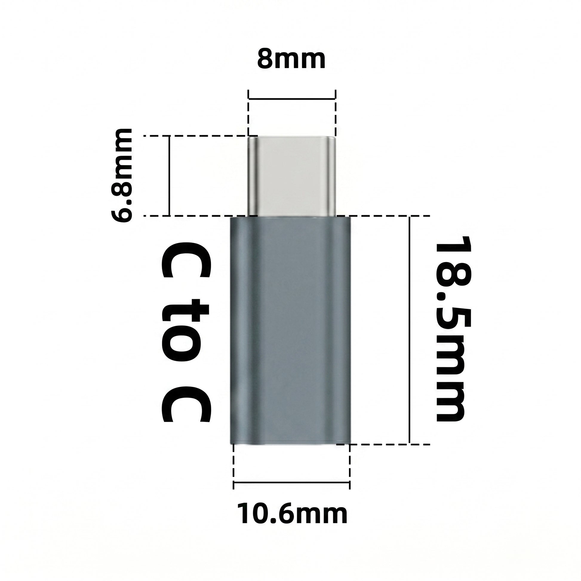 A gray USB-C to USB-C adapter shown with dimensions: 18.5mm length, 10.6mm width, 8mm, and 6.8mm. Text: C to C.