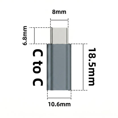 A gray USB-C to USB-C adapter shown with dimensions: 18.5mm length, 10.6mm width, 8mm, and 6.8mm. Text: C to C.
