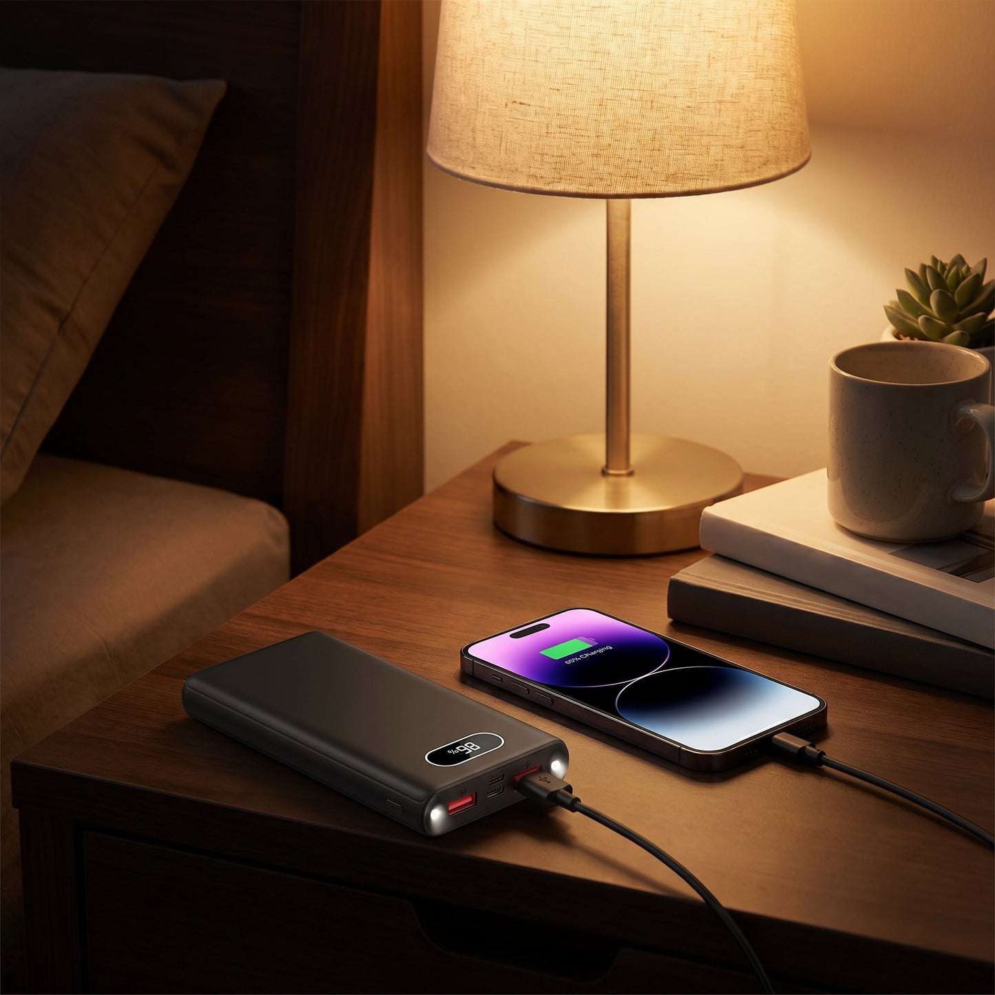 Power bank charging a smartphone on a bedside table with a lamp and mug in the background.