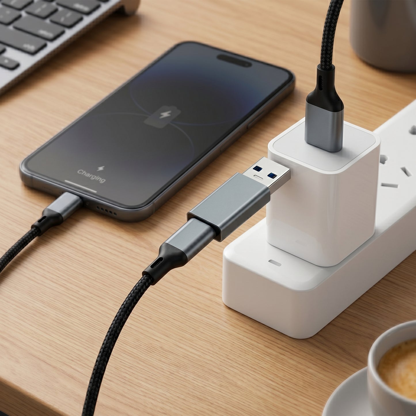 A gray USB adapter connects a phone, displaying "Charging," to a power strip. The phone charges via a braided cable on a wooden desk.