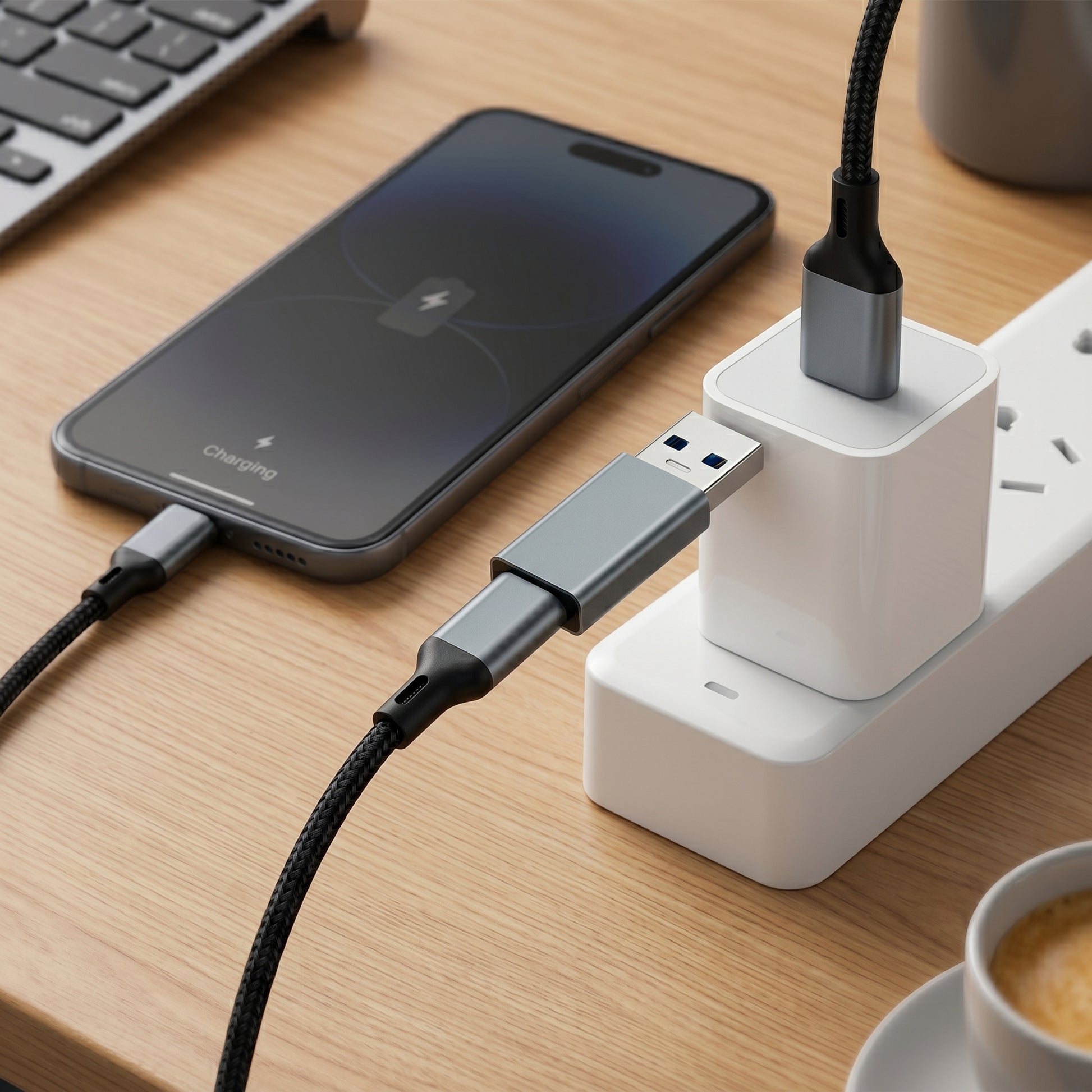 A gray USB adapter connects a phone, displaying "Charging," to a power strip. The phone charges via a braided cable on a wooden desk.