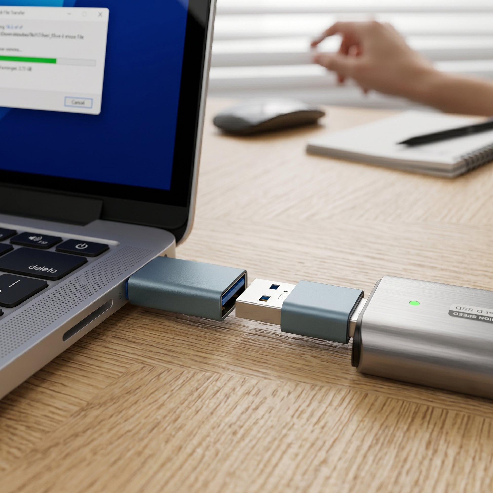 A blue-gray USB adapter connects a laptop to an SSD (HIGH SPEED SSD). The laptop screen displays 'File Transfer', showing 'Remaining: 2.0 GB'.