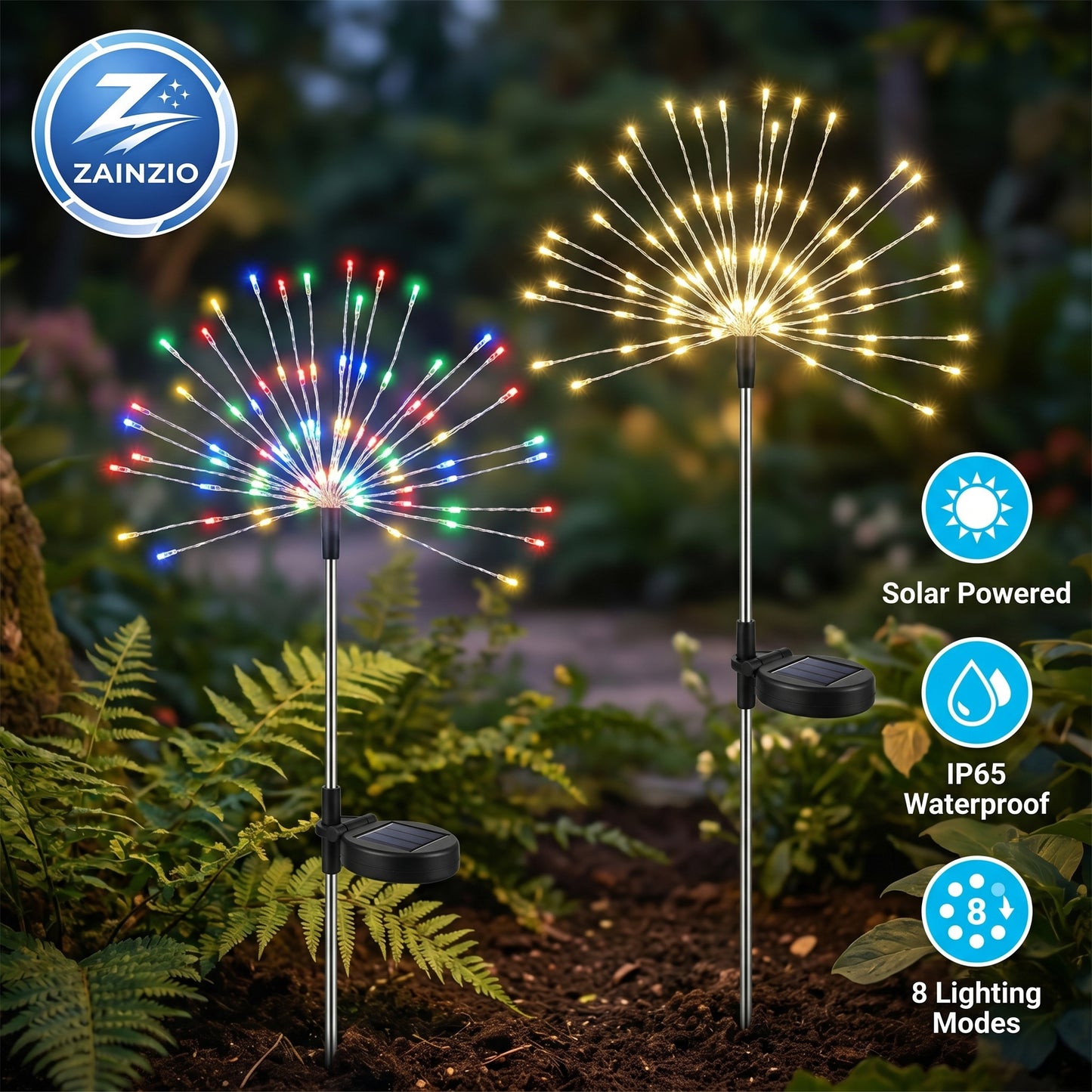 Two solar-powered garden lights with colorful and white lights, Zainzio logo visible, on a natural background.