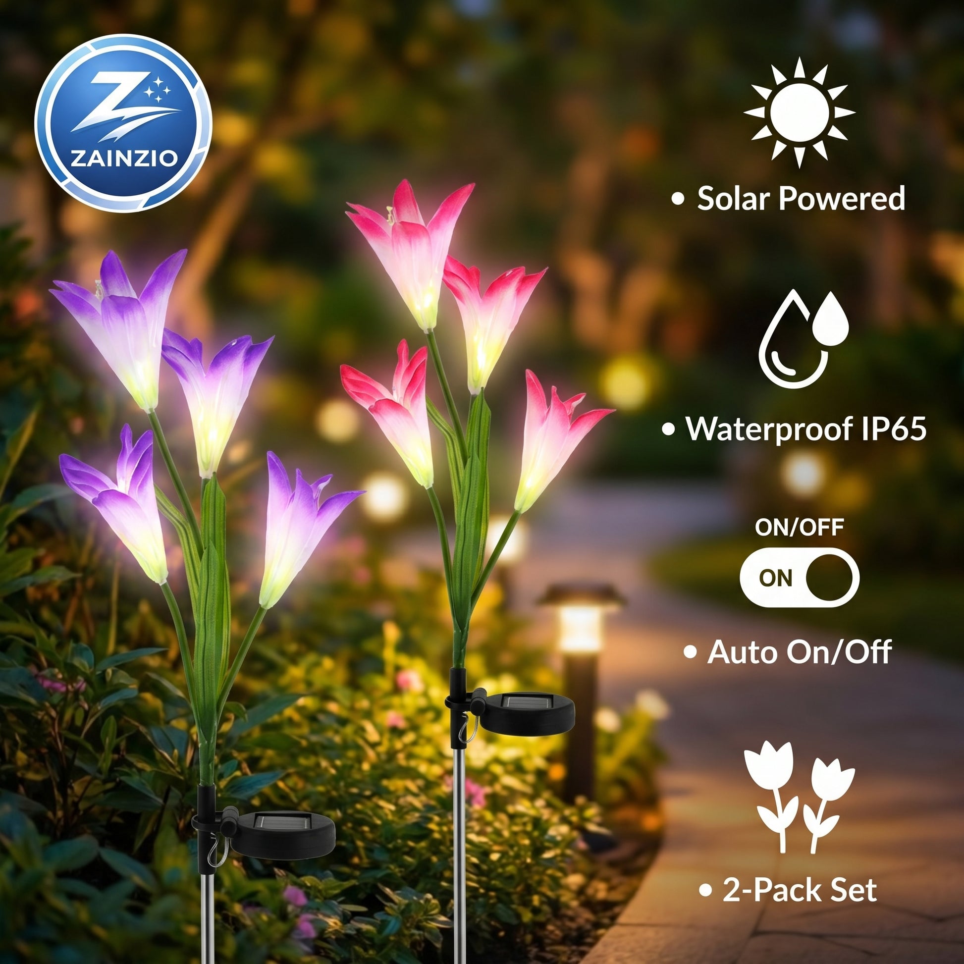 Solar-powered flower lights with Zainzio branding on a garden path.