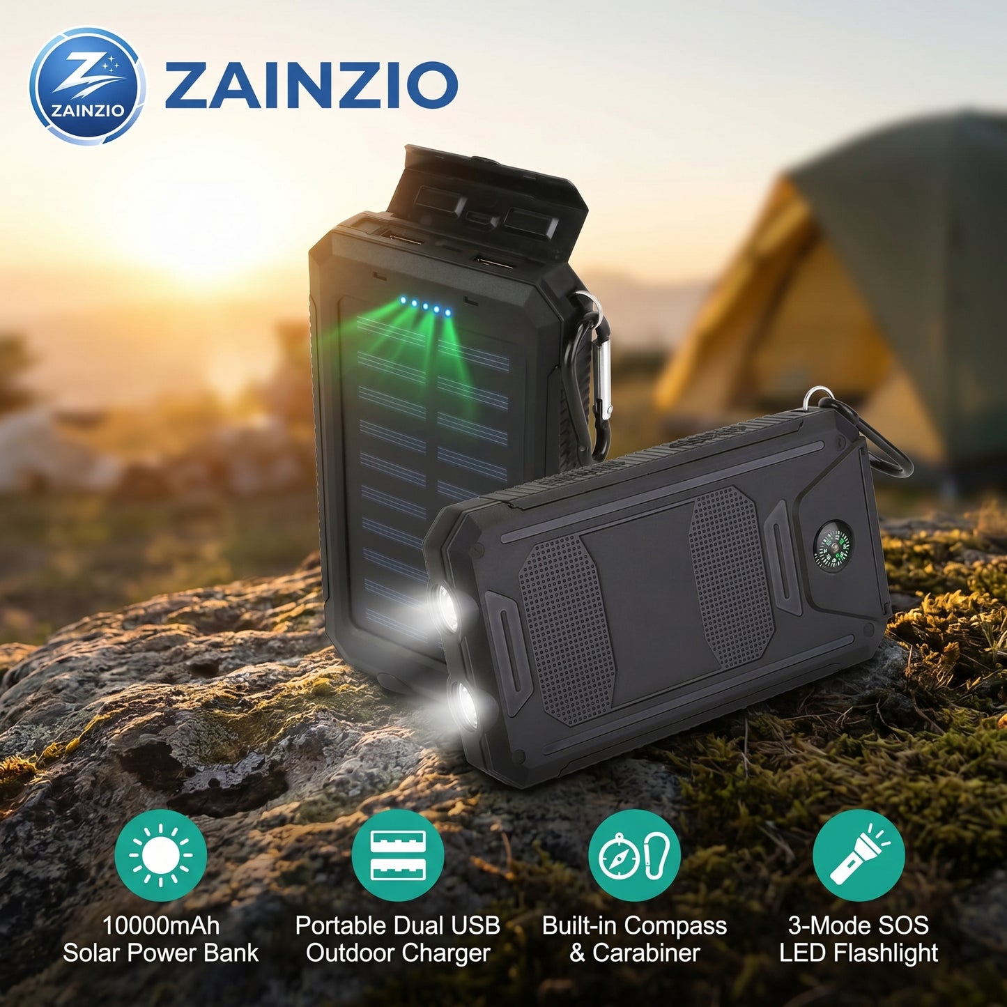 Zainzio solar power bank with flashlight on a rock with a tent in the background