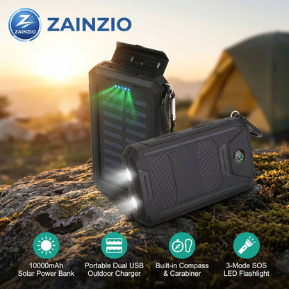 Zainzio solar power bank with flashlight on a rock with a tent in the background