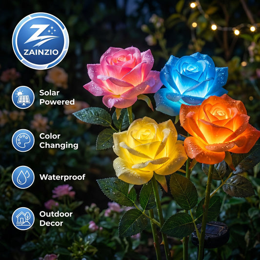 Solar-powered color-changing rose lights with Zainzio branding on a dark background.