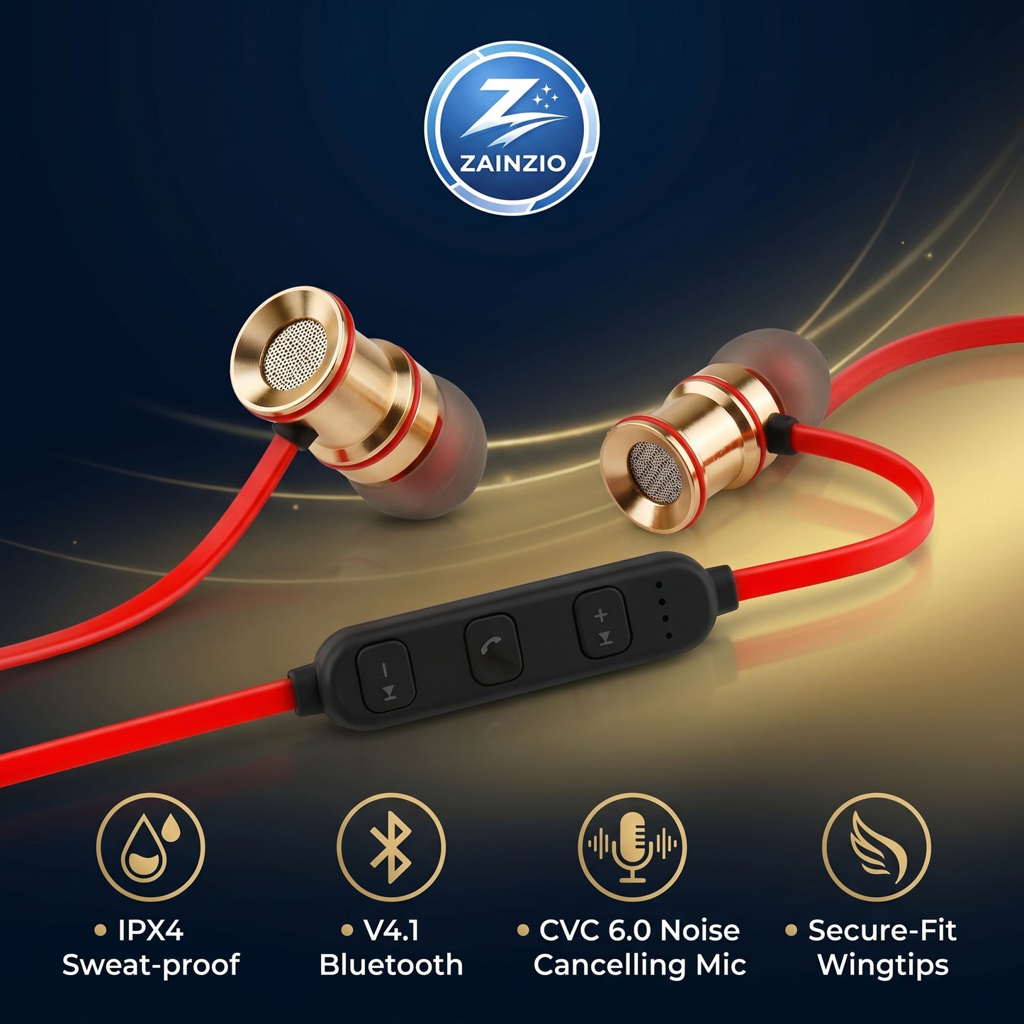 Zainzio earbuds with control panel on a dark background