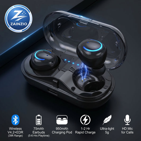 Black wireless earbuds with charging case on a dark background, featuring ZAINZIO branding.
