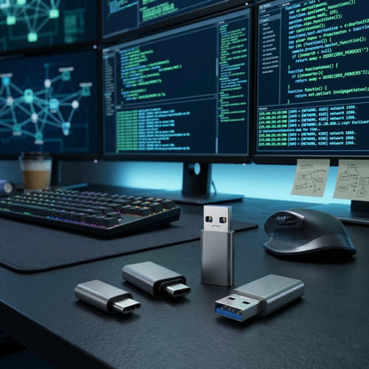 A tech desk with monitors displaying code and network diagrams. In the foreground, a mouse, USB flash drive, and several silver Zainzio USB data shielding adapters are displayed.