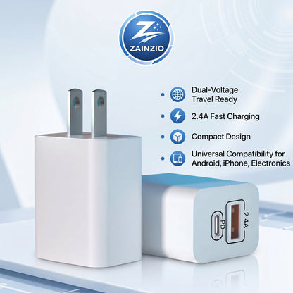 Zainzio dual-port charger with features listed on a light blue background