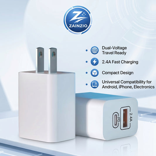 Zainzio dual-port charger with features listed on a light blue background