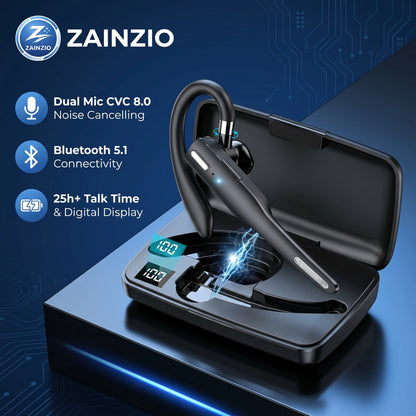 Zainzio Bluetooth headset with charging case on a blue background