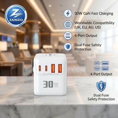 Zainzio 30W GaN fast charging adapter on a marble surface with a blurred office background