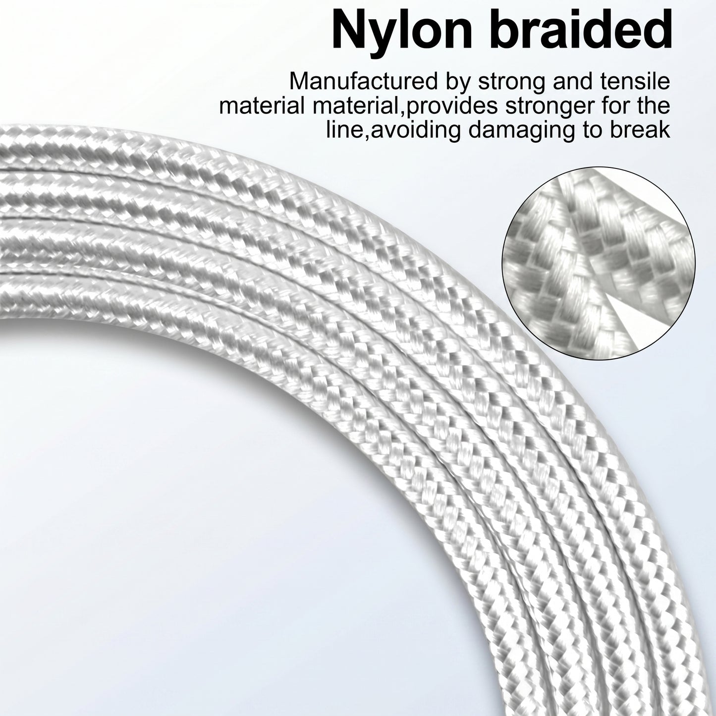 A close-up of a silver nylon braided cable is shown, featuring a magnified inset of its intricate weave. Text: Nylon braided.