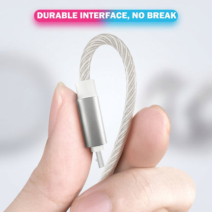 A hand holds a silver and white braided charging cable connector, emphasizing its durability. Text: DURABLE INTERFACE, NO BREAK.