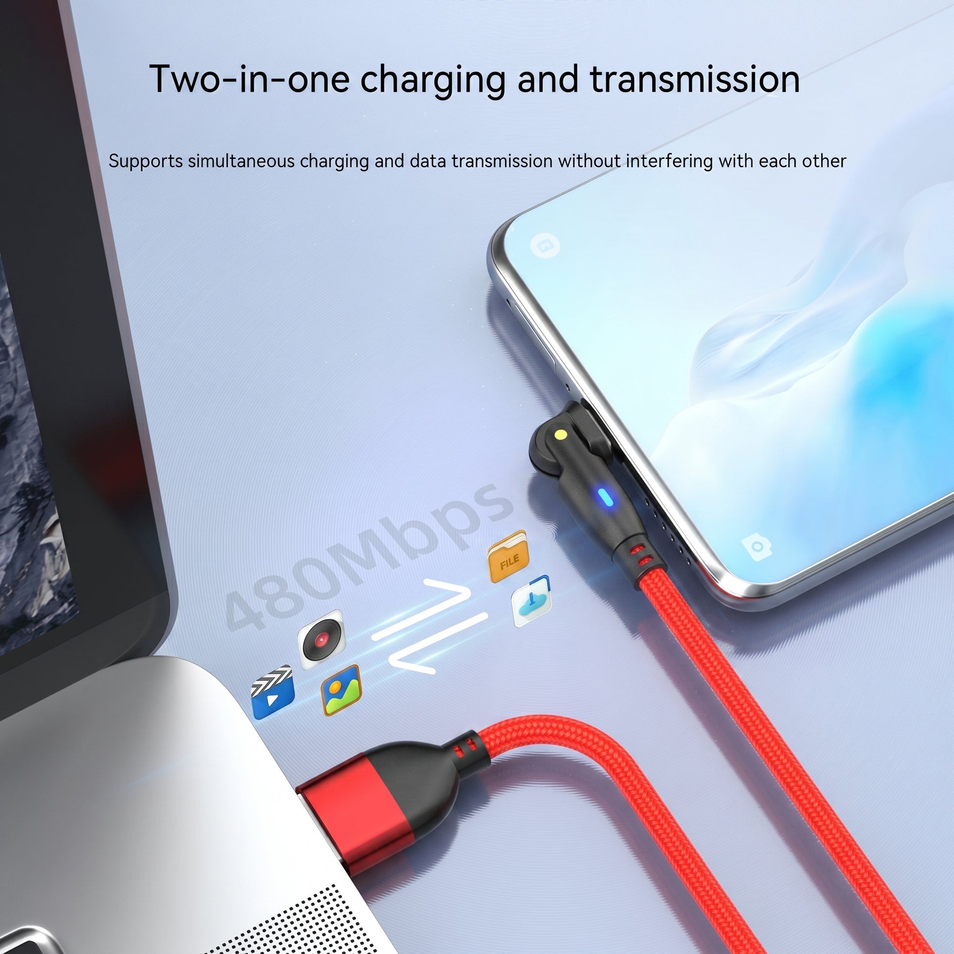 A red USB-C cable connects a laptop to a phone, showing 'Two-in-one charging and transmission' at '480Mbps'. It allows simultaneous charging and data transfer.