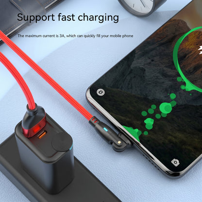 A red braided charging cable connects to a phone and power adapter, demonstrating fast charging. Support fast charging. The maximum current is 3A, which can quickly fill your mobile phone.