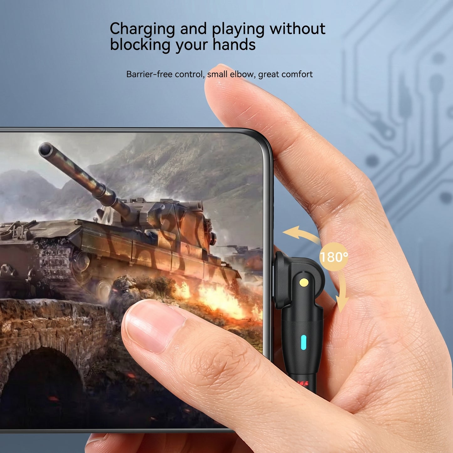 A close-up shows a hand holding a phone, charging with a 180-degree rotating cable during a game. "Charging and playing without blocking your hands. Barrier-free control, small elbow, great comfort."