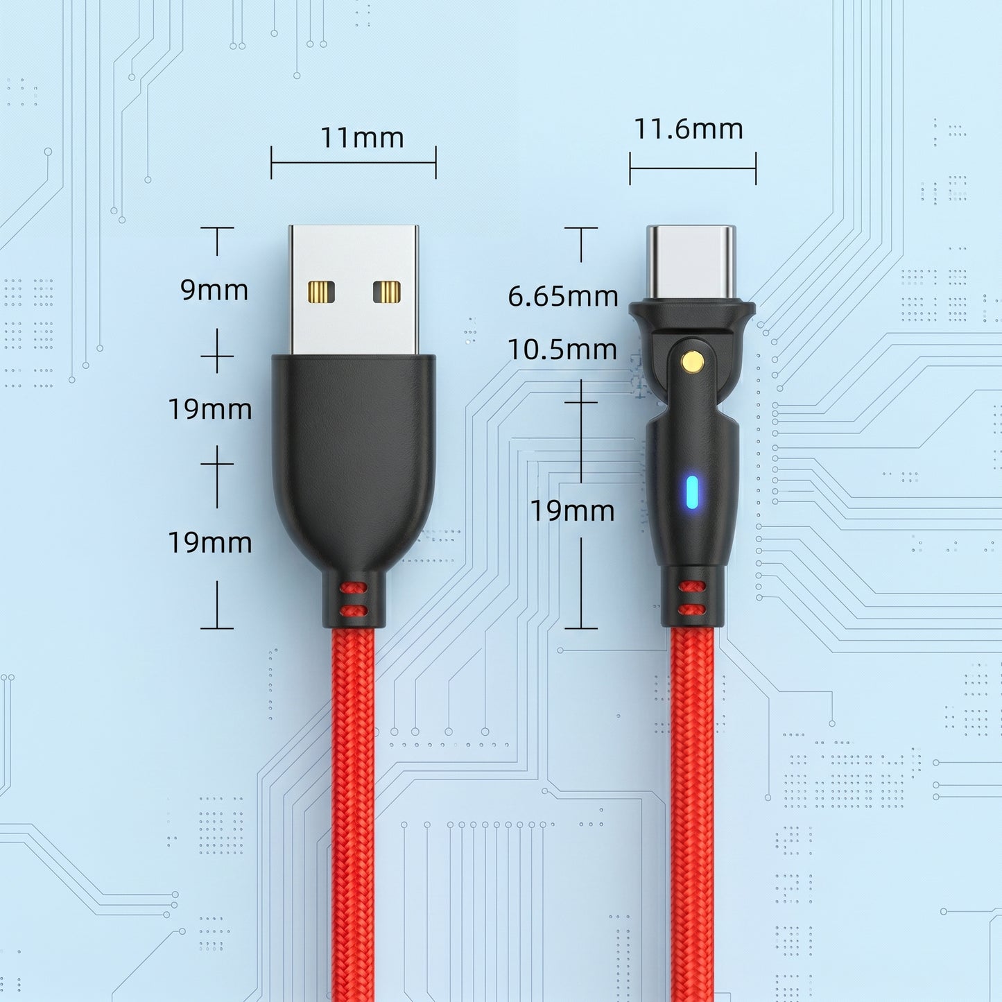 A comparison image shows a USB-A connector and a rotating Type-C connector with their dimensions. Labels include: 11mm, 9mm, 19mm, 11.6mm, 6.65mm, 10.5mm, and 19mm.