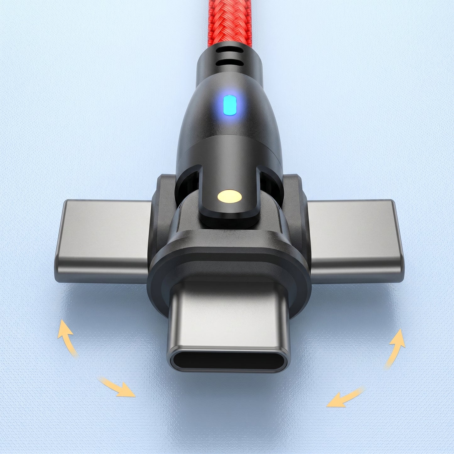 A black, L-shaped USB-C gaming cable connector with three rotatable USB-C tips, shown against a blue background. Orange arrows indicate its 180-degree rotation capability.