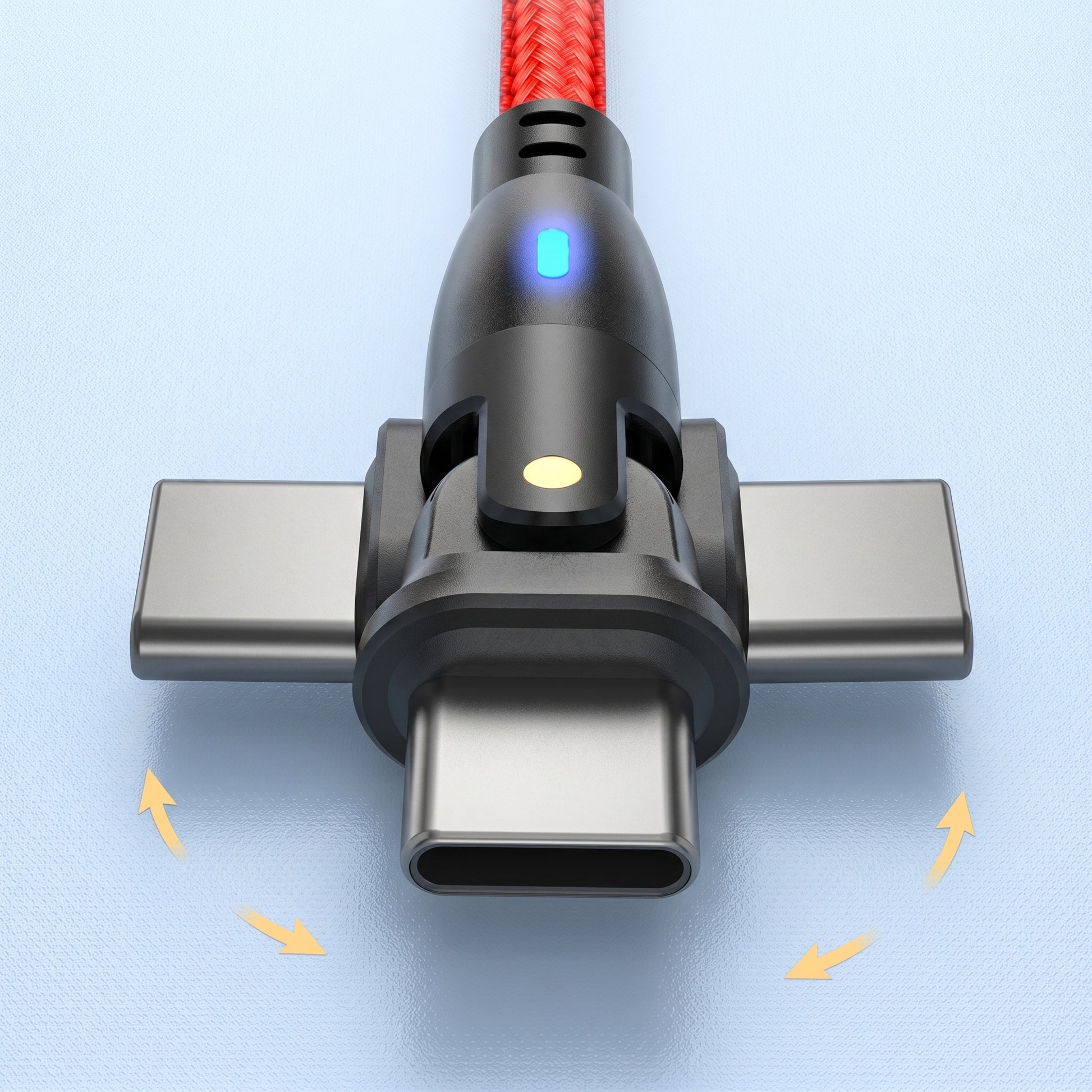 A black, L-shaped USB-C gaming cable connector with three rotatable USB-C tips, shown against a blue background. Orange arrows indicate its 180-degree rotation capability.