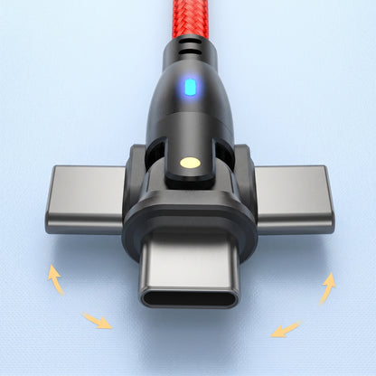 A black, L-shaped USB-C gaming cable connector with three rotatable USB-C tips, shown against a blue background. Orange arrows indicate its 180-degree rotation capability.