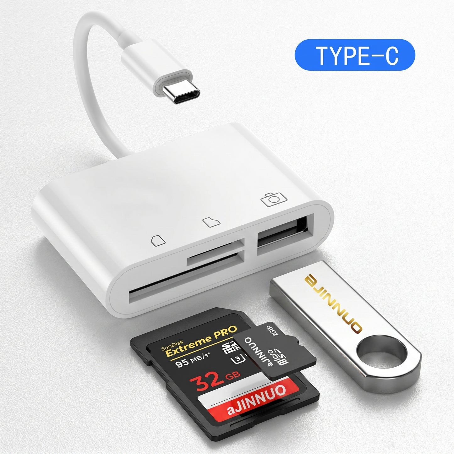 A white USB-C 3-in-1 hub adapter is displayed with an SD card, microSD card, and a USB drive. Text: TYPE-C, SanDisk Extreme PRO 32 GB, aJINNUO 256GB.