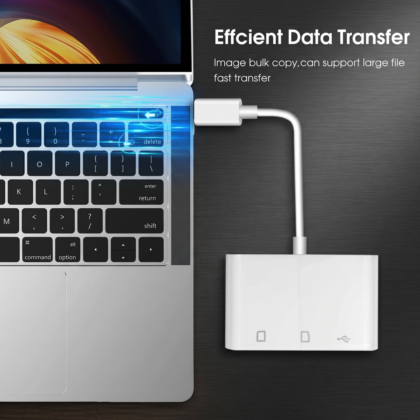 A white USB-C hub adapter is plugged into a laptop, demonstrating efficient data transfer. Text: "Efficient Data Transfer. Image bulk copy, can support large file fast transfer."