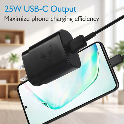 A black 25W USB-C wall charger, marked "Super Fast Charging," is plugged into a smartphone. The image highlights "25W USB-C Output" to "Maximize phone charging efficiency."