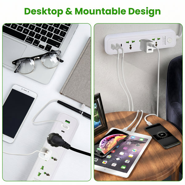 Desktop & Mountable Design. A white power strip is shown on a desk with electronics and then mounted on a wall, charging devices.