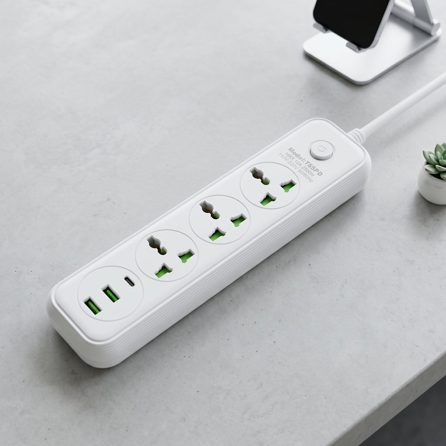 A white Zainzio power strip features three universal outlets and two USB-A ports, with text: Model: TS8PD 10A 110V-240V~ 50/60Hz.