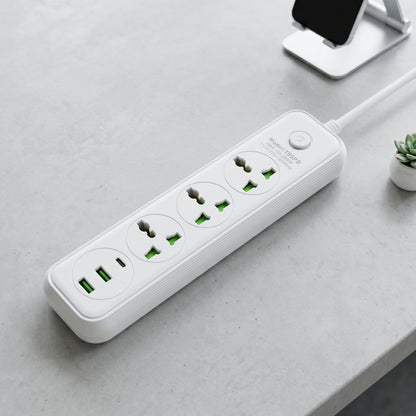 A white Zainzio power strip features three universal outlets and two USB-A ports, with text: Model: TS8PD 10A 110V-240V~ 50/60Hz.
