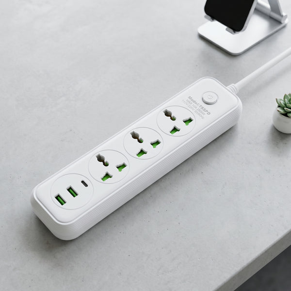 A white Zainzio power strip features three universal outlets and two USB-A ports, with text: Model: TS8PD 10A 110V-240V~ 50/60Hz.