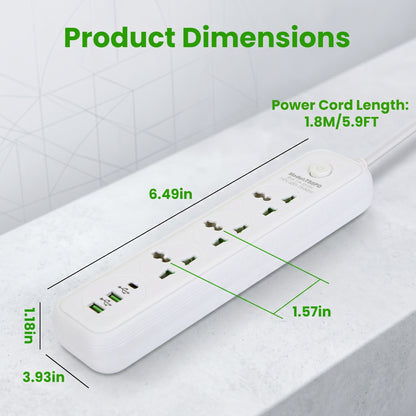 Product Dimensions: A white power strip displaying its measurements, including 6.49in length, 1.18in height, 3.93in width, 1.57in outlet spacing, and a 5.9FT power cord.