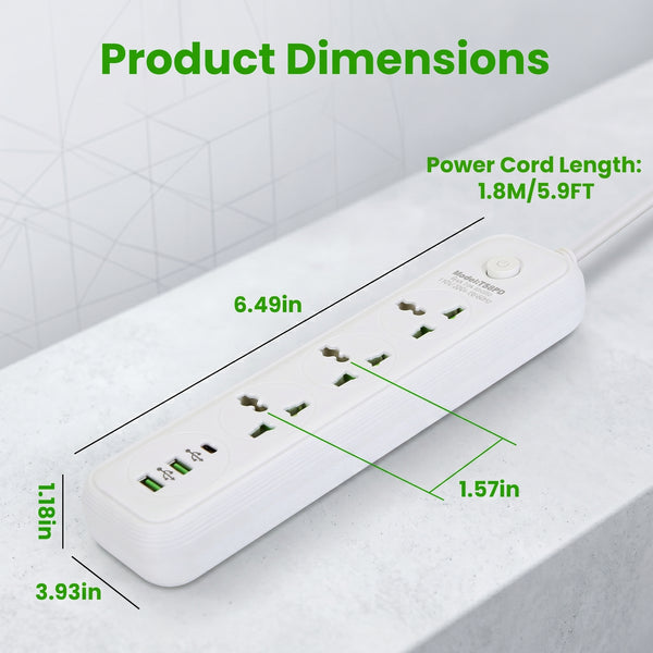 Product Dimensions: A white power strip displaying its measurements, including 6.49in length, 1.18in height, 3.93in width, 1.57in outlet spacing, and a 5.9FT power cord.