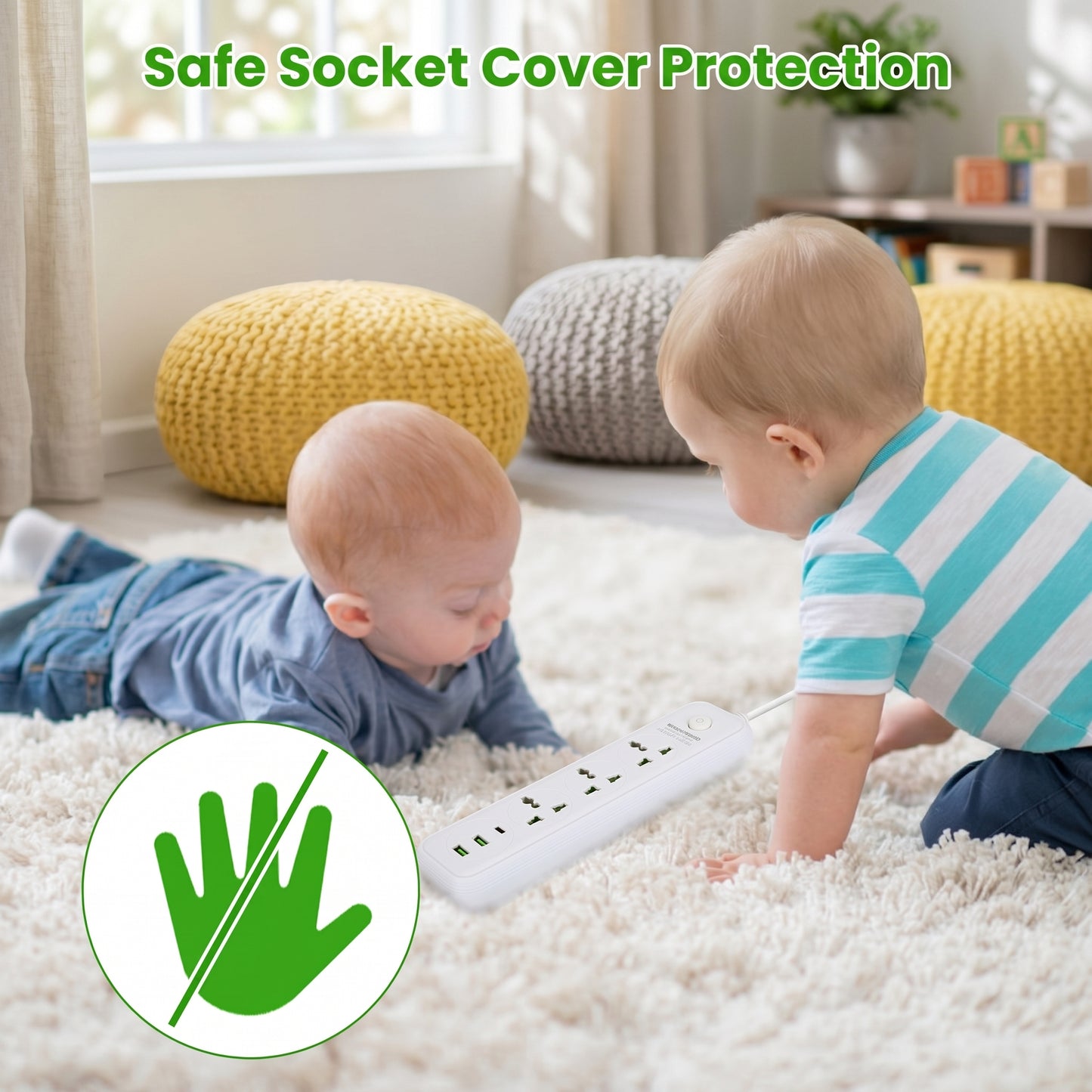 Two babies on a white shag rug look at a white power strip, near a green "do not touch" hand icon. Text: "Safe Socket Cover Protection".