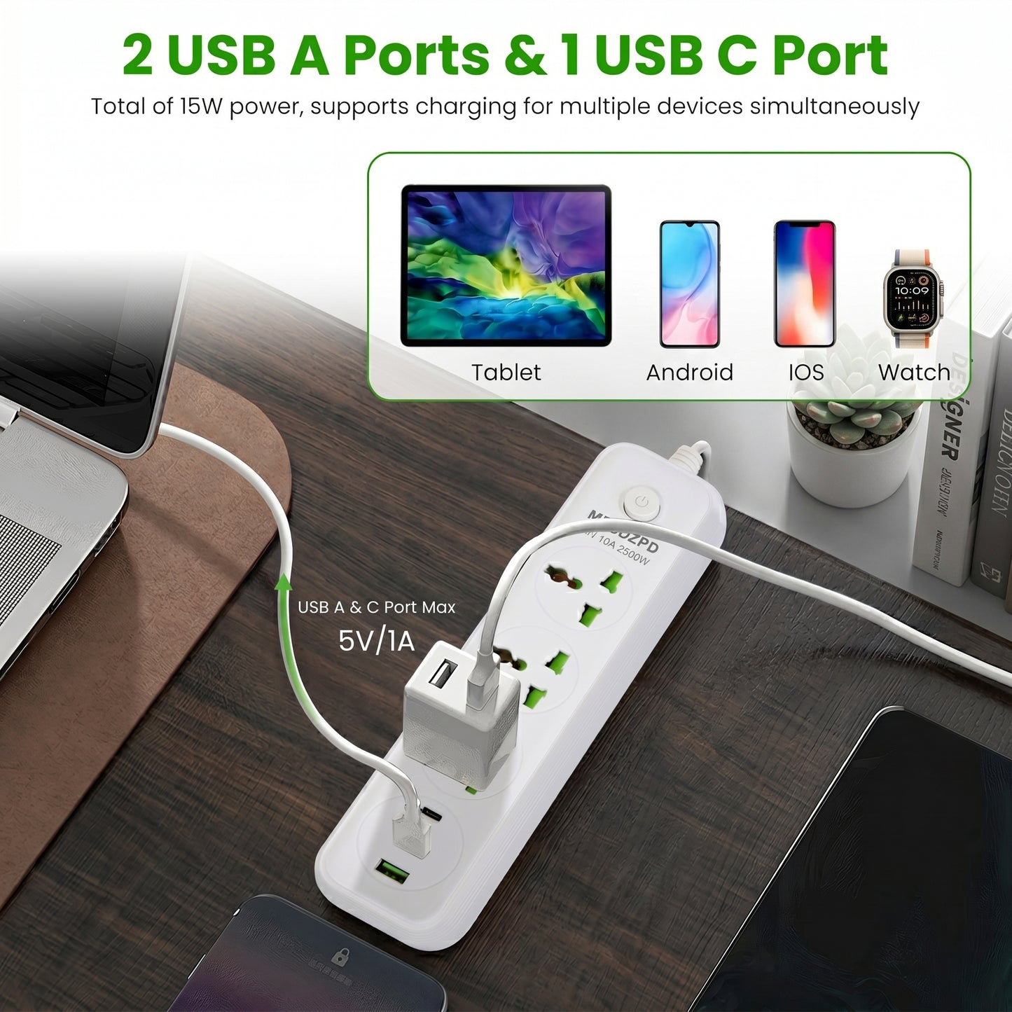 A white power strip on a desk charges a laptop and phone. It highlights '2 USB A Ports & 1 USB C Port,' offering 'Total of 15W power.'
