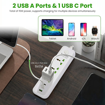 A white power strip on a desk charges a laptop and phone. It highlights '2 USB A Ports & 1 USB C Port,' offering 'Total of 15W power.'