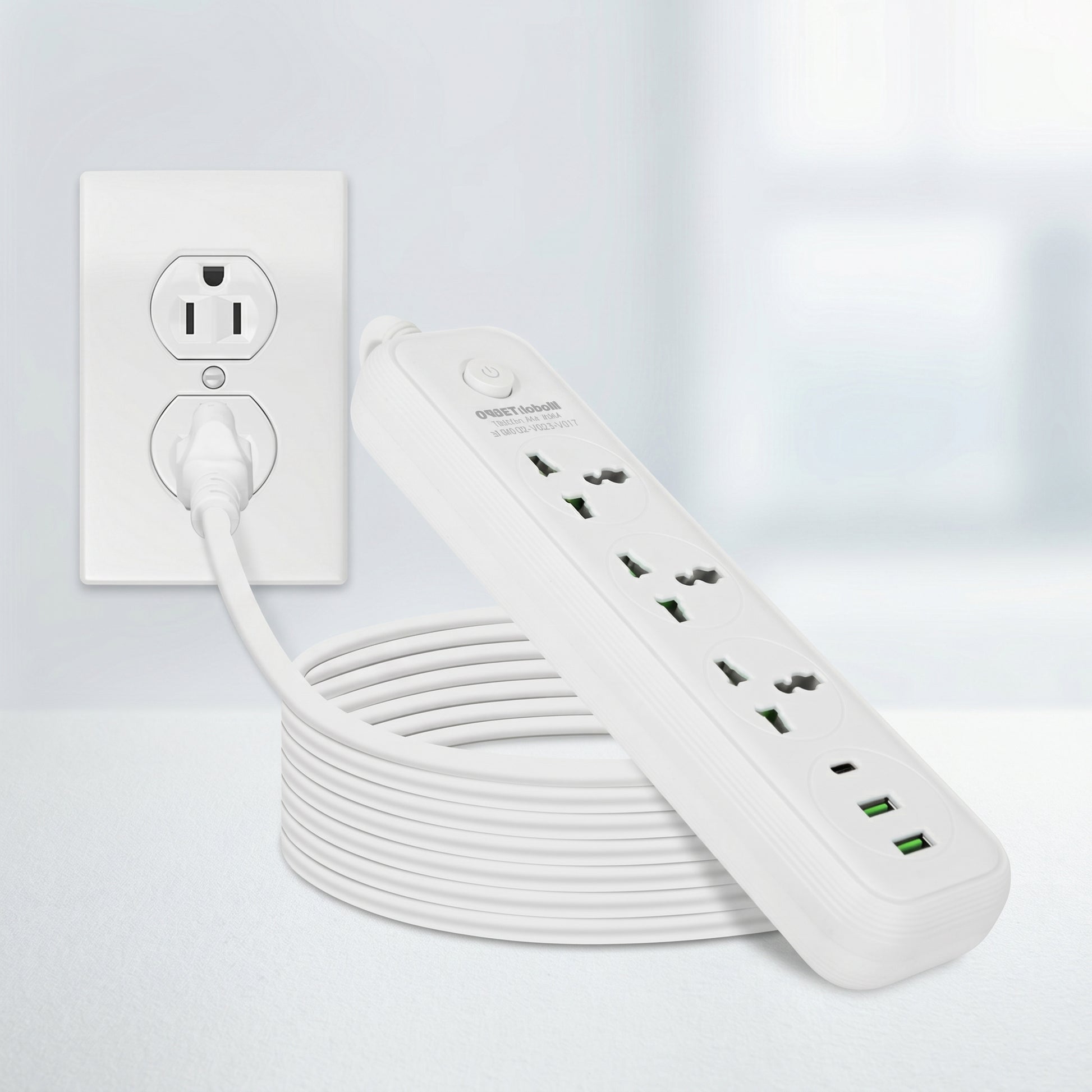 A white Zainzio power strip with its coiled extension cord plugged into a wall outlet, showing multiple power and USB ports. Text: ZAINZIO dubuilt 10A MAX 110V-250V ~ 50/60HZ 2500W.