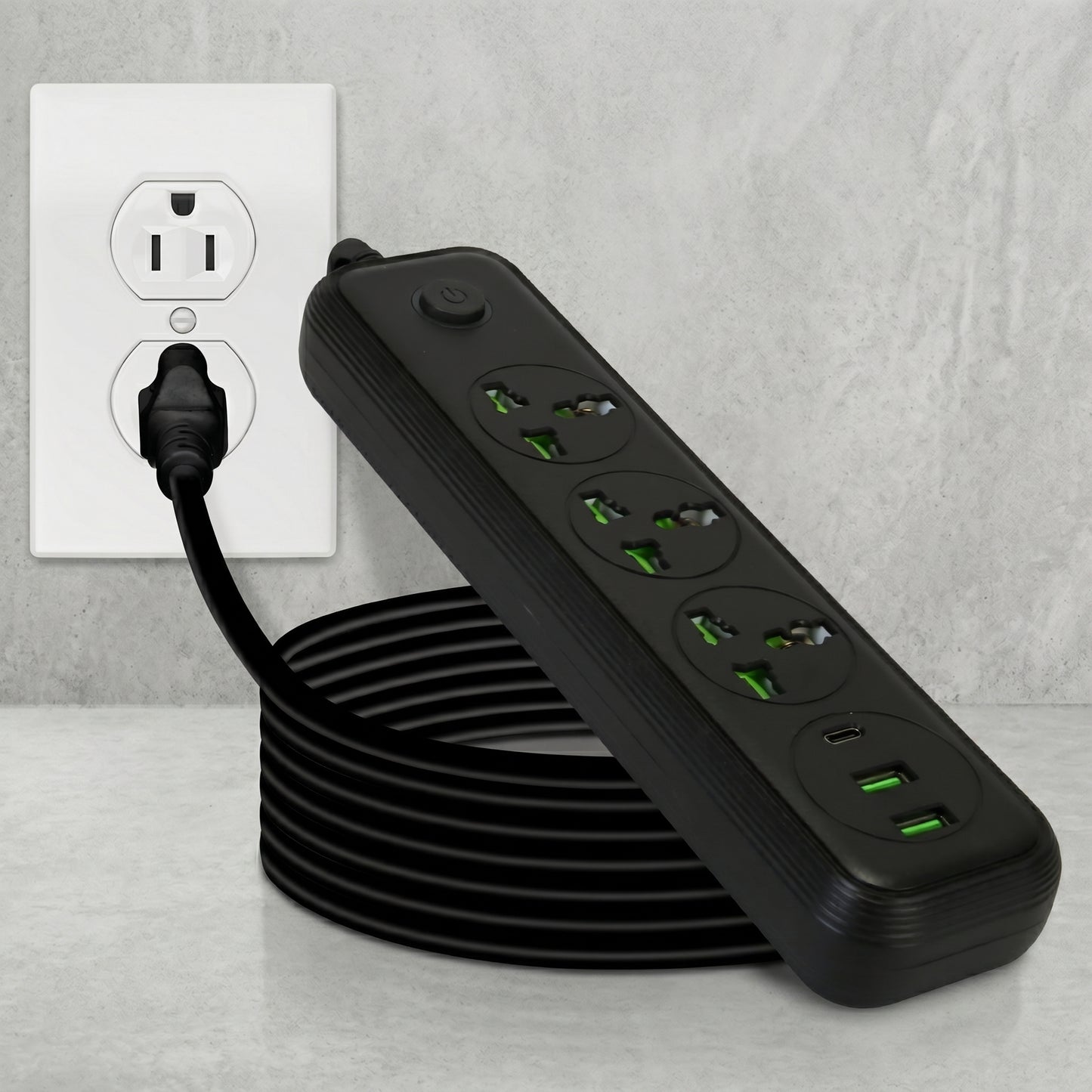 A black Zainzio power strip with a coiled 6-foot extension cord is plugged into a wall outlet, showcasing its multiple outlets and USB-C ports.