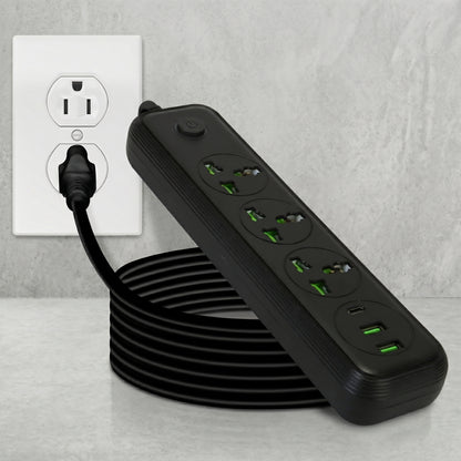 A black Zainzio power strip with a coiled 6-foot extension cord is plugged into a wall outlet, showcasing its multiple outlets and USB-C ports.