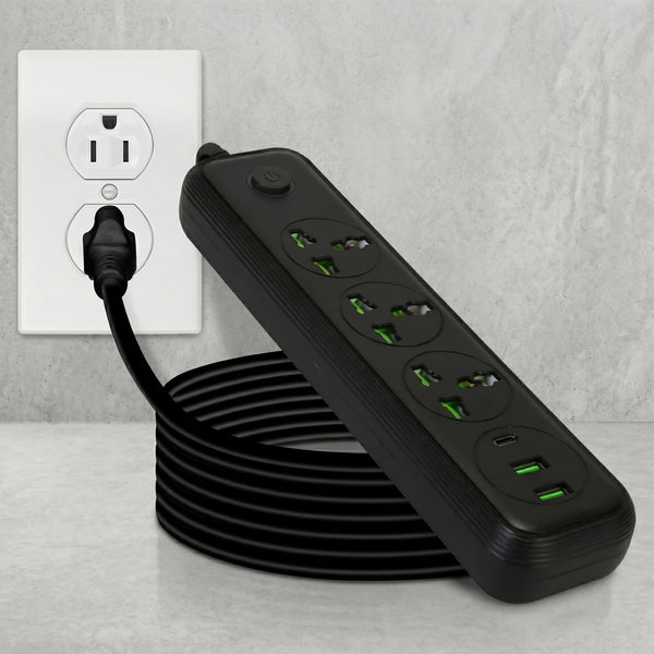 A black Zainzio power strip with a coiled 6-foot extension cord is plugged into a wall outlet, showcasing its multiple outlets and USB-C ports.