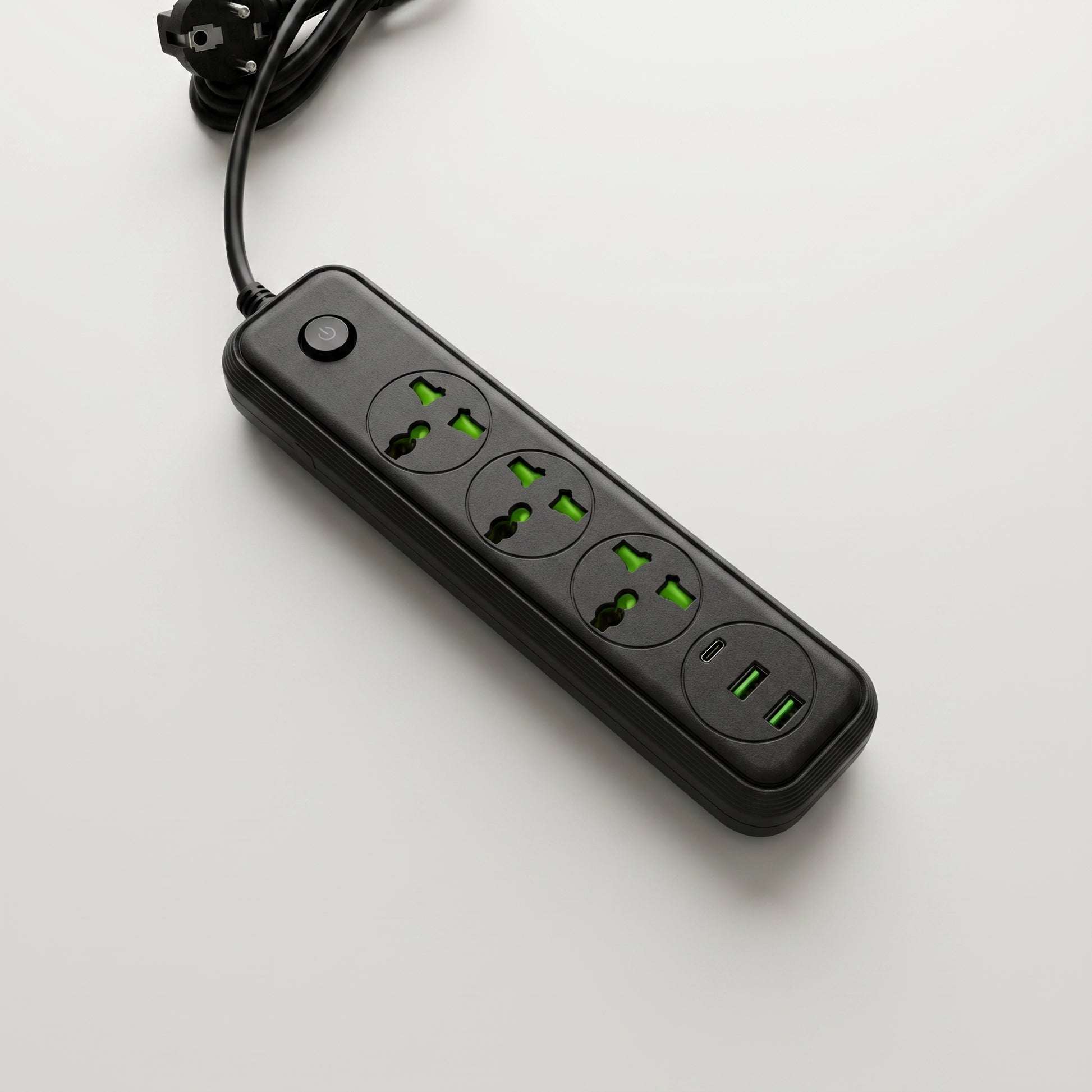 A black Zainzio 6-in-1 power strip with an attached cord, featuring three illuminated universal outlets, two USB-A ports, and one USB-C port on a clean white surface.
