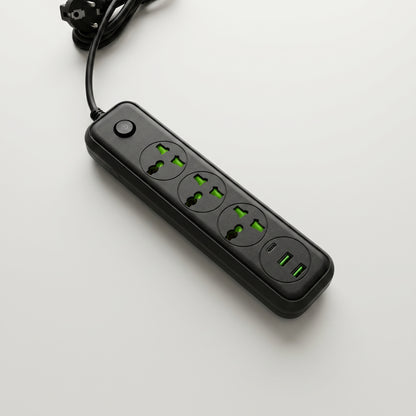 A black Zainzio 6-in-1 power strip with an attached cord, featuring three illuminated universal outlets, two USB-A ports, and one USB-C port on a clean white surface.