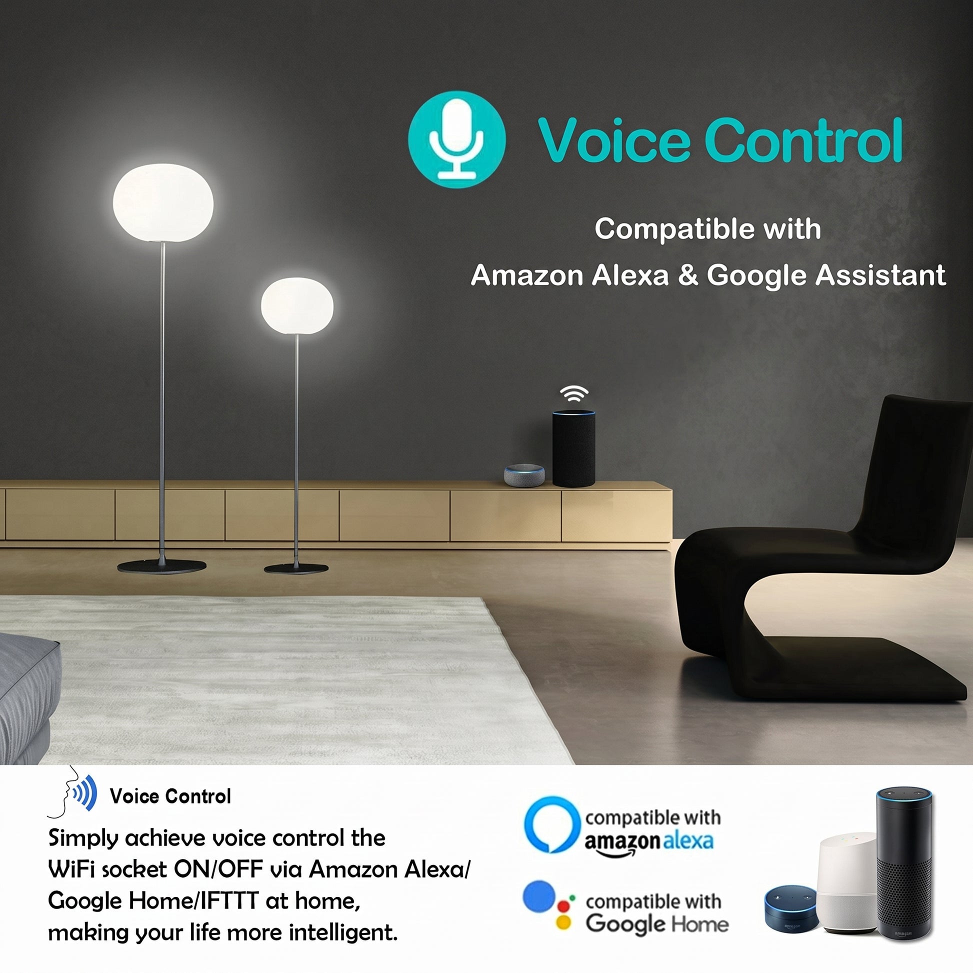 A living room setup highlights smart home voice control. Text: "Voice Control, Compatible with Amazon Alexa & Google Assistant." It shows lamps and smart speakers, illustrating wireless socket control.