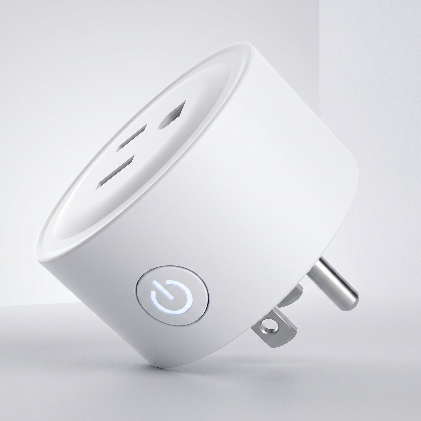 A white, cylindrical smart plug with a US-style outlet on top and a glowing power button on its side. This is the Zainzio Mini WiFi Smart Plug.