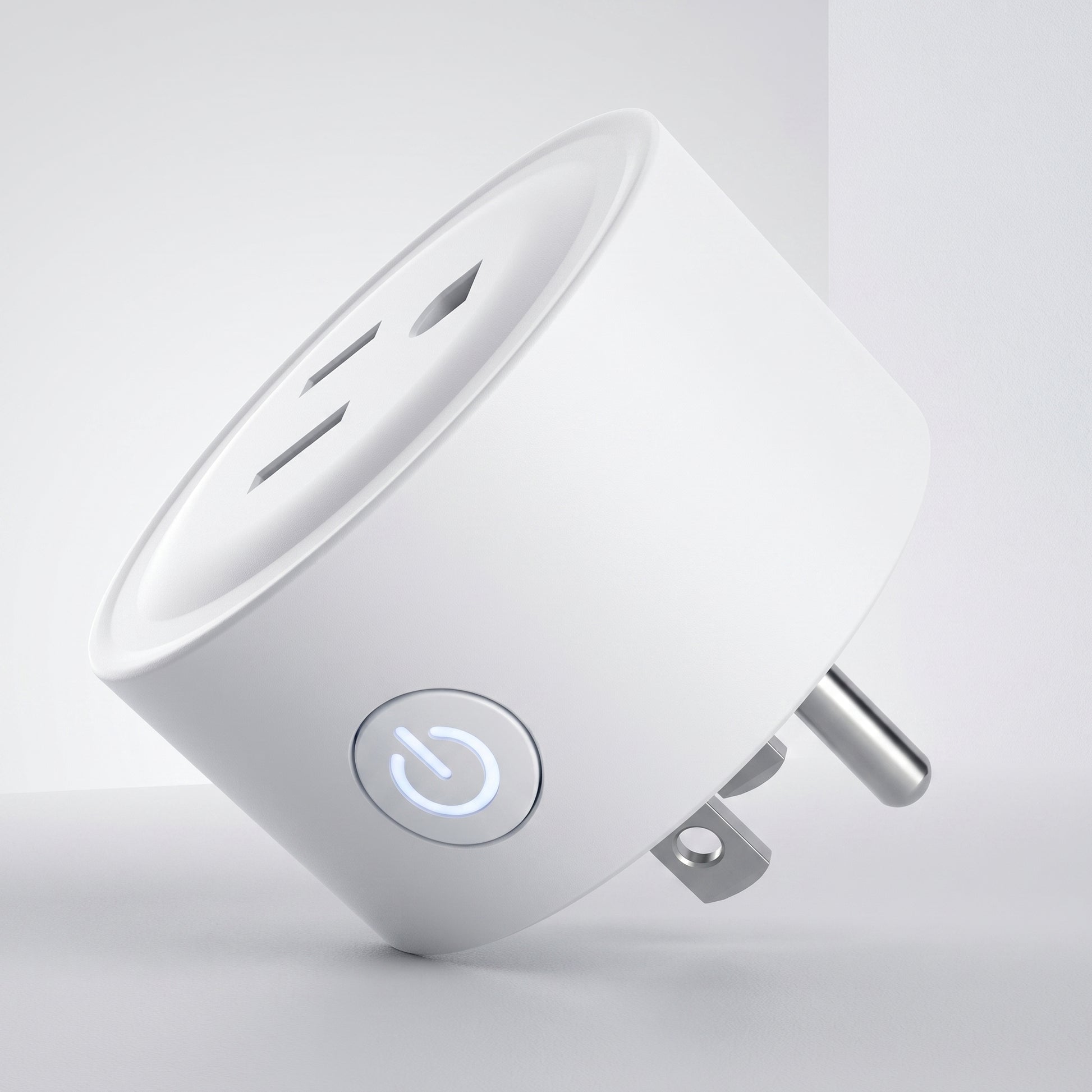 A white, cylindrical smart plug with a US-style outlet on top and a glowing power button on its side. This is the Zainzio Mini WiFi Smart Plug.