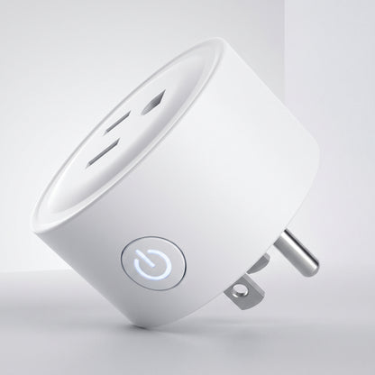 A white, cylindrical smart plug with a US-style outlet on top and a glowing power button on its side. This is the Zainzio Mini WiFi Smart Plug.