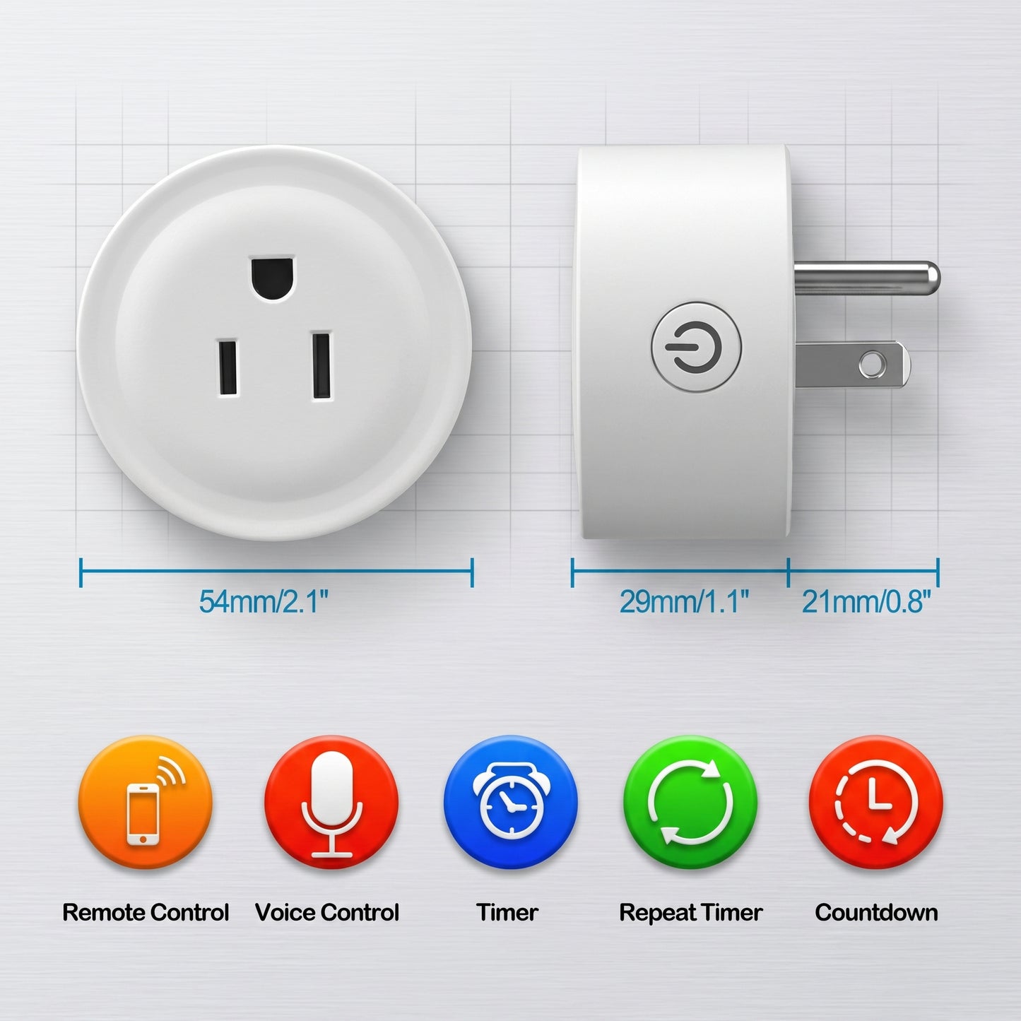 This image displays a white smart plug from two angles, showing its dimensions: 54mm/2.1", 29mm/1.1", 21mm/0.8". Below are icons detailing features: Remote Control, Voice Control, Timer, Repeat Timer, and Countdown.
